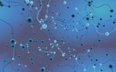 Neural network. Social network. Futuristic blue background. Abstract molecule, cell illustration, mycelium. Hi tech purple background. 3D illustration