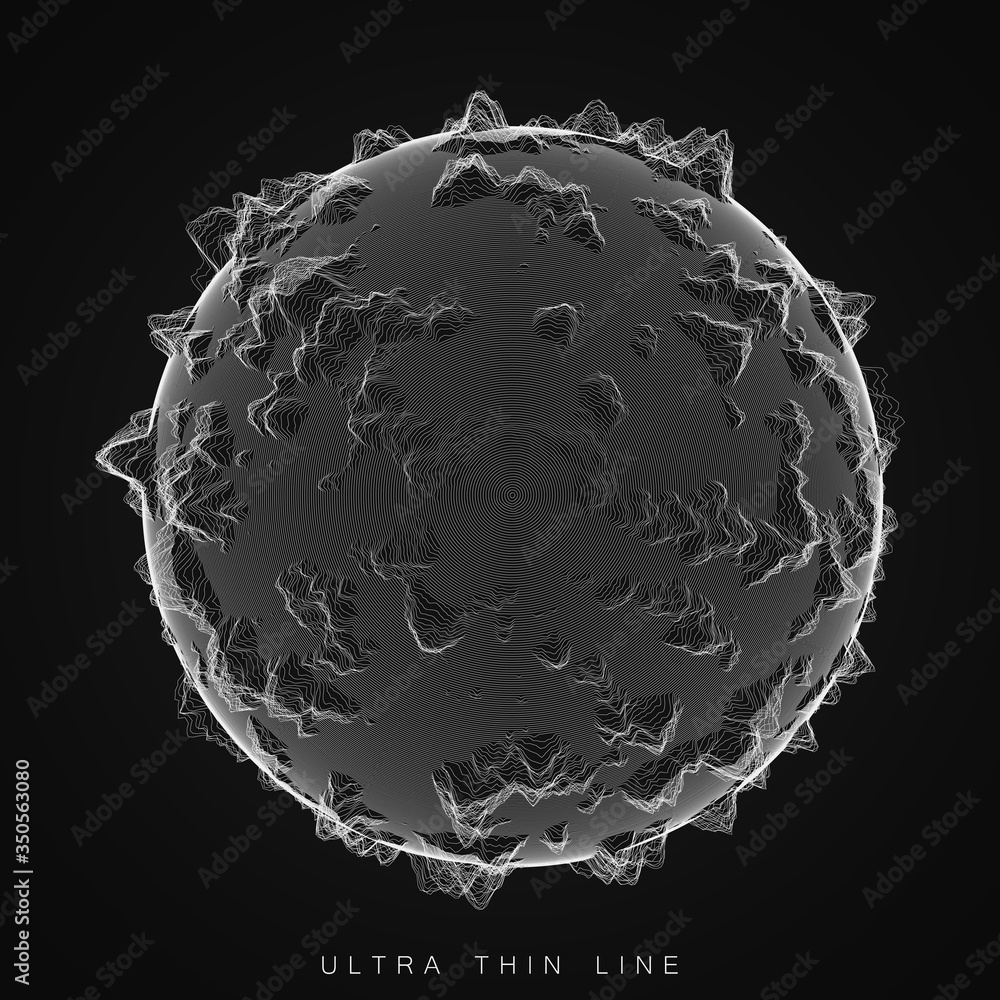 Poster vector abstract ultra thin line sphere. fluid dynamic distorted spheres. futuristic fractal noise il
