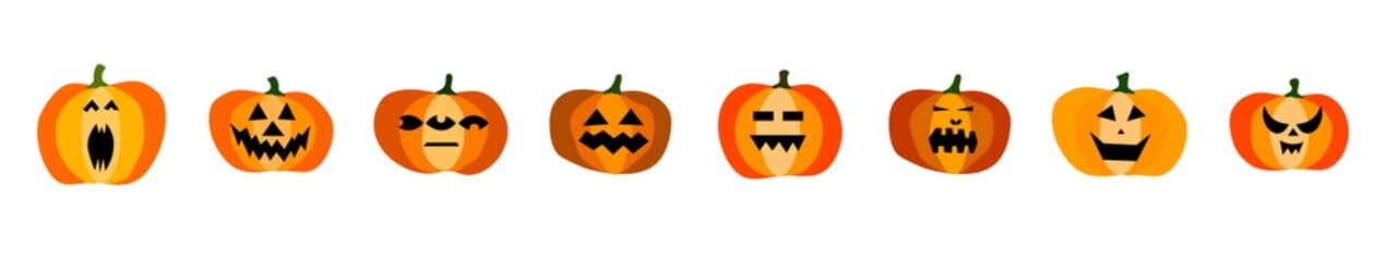 Set of halloween scary orange pumpkins isolated on white background. Funny, creepy, smiling faces. Happy Halloween Holiday Symbol. Character collection. Flat Style Vector Spooky Autumn Illustration