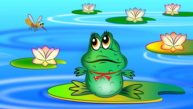 Summer. A little frog sits on a water lily and eats mosquitoes.