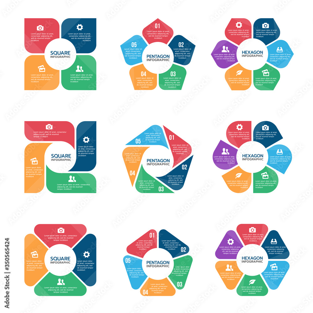 Poster square pentagon and hexagon infographic chart (part four, part five and part six) vector set design