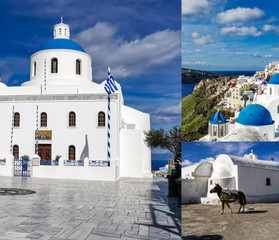 Collage of blue-domed churches near white houses and horse in Santorini