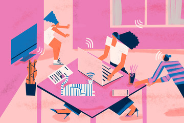 Work from home challenges: homelife distractions in workspace, such us family, tv, smartphone, cat, environment and social media.