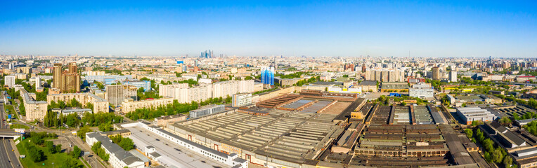 Fototapeta premium Aerial top view of road junction in Moscow from above, automobile traffic in the Moscow industrial zone near the automobile ring highway