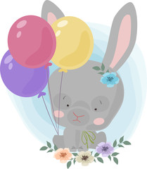 
image of a cute gray rabbit sitting on a blue background with multi-colored balloons and beautiful flowers