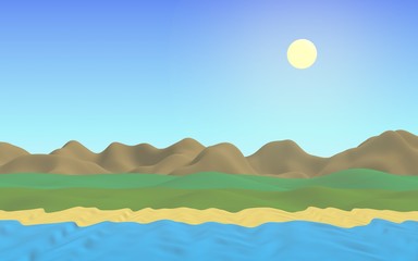 Sun Sea Beach. Noon. Ocean shore line with waves on a beach. Island beach paradise with waves. Vacation, summer, relaxation. Seascape, seashore. Minimalist landscape, primitivism. 3D illustration