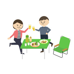 男女　アウトドア　食事　イラスト