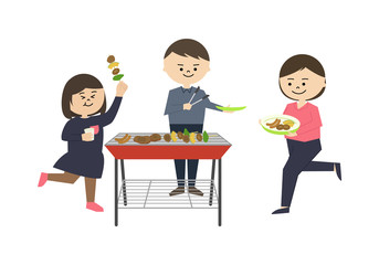 三人家族　バーべキュー　イラスト