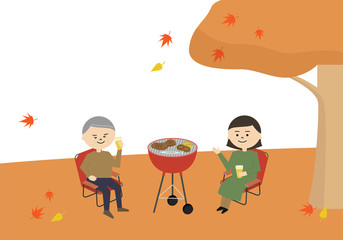 シニア夫婦　バーベキュー　秋　イラスト