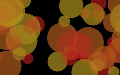 Multicolored translucent circles on a dark background. Yellow tones. 3D illustration