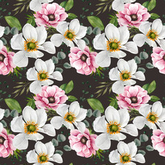 pattern of delicate pink and white watercolor flowers. bouquets of flowers on a dark background close-up
