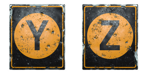 Set of public road sign orange and black color with a capital letters Y and Z in the center isolated on white background. 3d