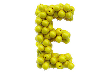 Letter E from yellow apples, 3D rendering