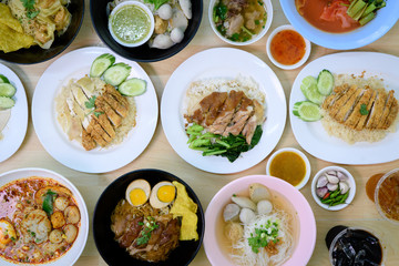 Top view composition with Thai Food. Chicken rice, Stewed pork leg on rice and noodle