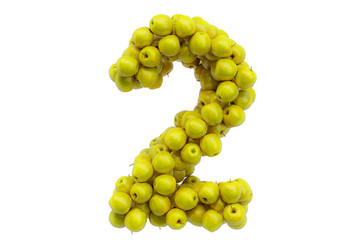 Number 2 from yellow apples, 3D rendering