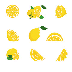 Fresh lemon fruits with green leaves. Set. Whole lemon cut in half, lemon slice, clipping path isolated on white background. Yellow. Citrus. Doodle Minimal style. Black line. Vector illustration.