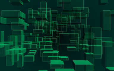 Fototapeta premium Green and dark abstract digital and technology background. The pattern with repeating rectangles. 3D illustration