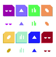 A set of geometric abstract graphic design icons pictograms logos. Info graphic design elements Retro 1980s early computers neon8bit colors style. Triangle square half sphere bars graphs charts shapes