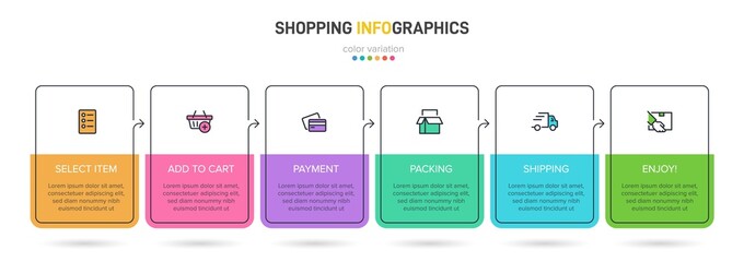 Concept of shopping process with 6 successive steps. Six colorful graphic elements. Timeline design for brochure, presentation, web site. Infographic design layout.