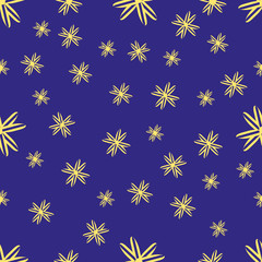 Fototapeta na wymiar Seamless yellow flowers on a purple background. Beauty summer and spring magical plant. Floral unique composition. Design for textile, fabric. Vector illustration.