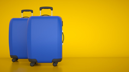 Two blue travel bags isolated on yellow bright background. 3d rendering