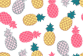 Hand drawn pineapple seamless pattern, sketch style and summer colors for menu and fabric 