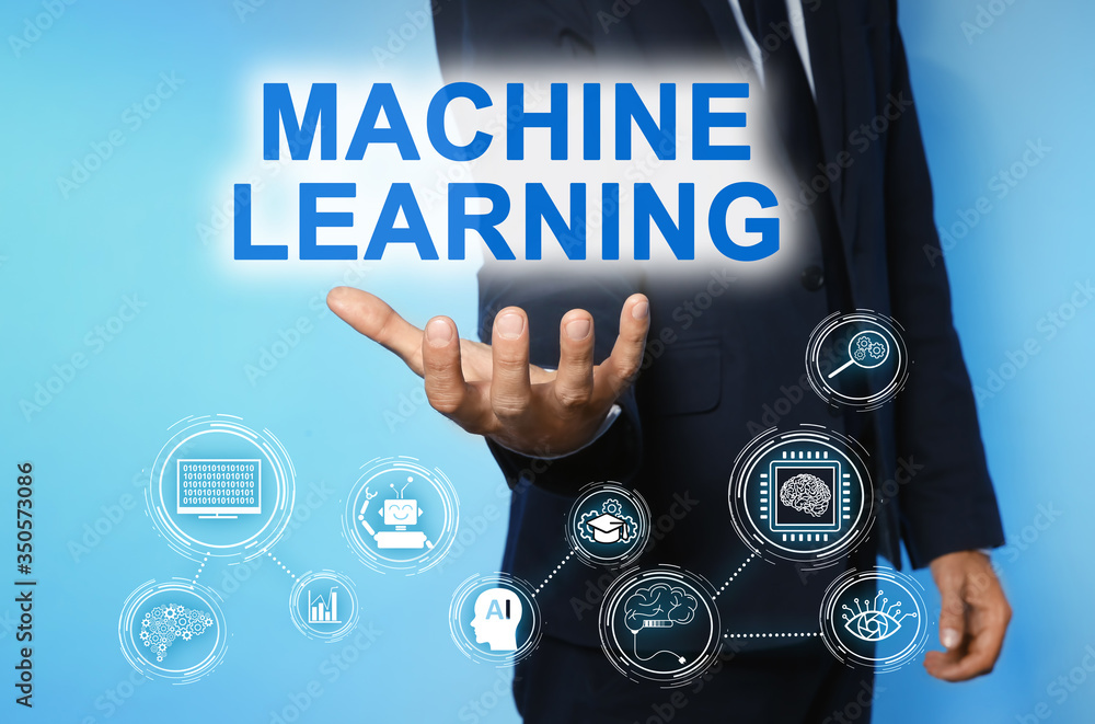 Poster man demonstrating machine learning model with linked icons on blue background, closeup