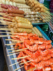 Going to Wat Arun Temple. food market stalls, Bangkok, Thailand