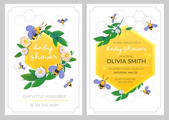 Baby shower party invitation with lettering vector illustration. Colourful decoration with bee and honeycomb cartoon design. Child celebration. Isolated on white background