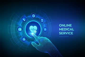 Online medical services, consultation and support concept on virtual screen. Doctor online. Medical clinic communication with patient. Robotic hand touching digital interface. Vector illustration.