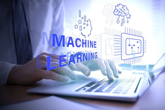 Double exposure of man using laptop and machine learning model, closeup