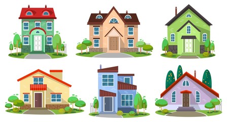 Set of colourful luxury buildings for living vector illustration. Front view with roof flat style. Home facade with doors and windows. Modern townhouse concept. Isolated on white background