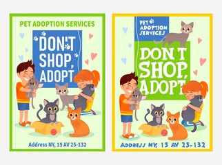 Set of pet adoption services poster with cats vector illustration. Dont shop adopt flat style. Address information of center. Homeless animals. Save life concept. Isolated on white background
