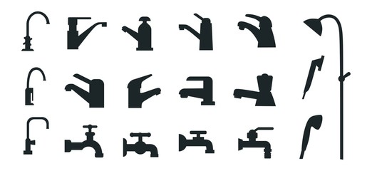 Set of different black faucets icons for bath vector illustration. Variety of water cranes for bathroom flat style. Various design of plumbing. Isolated on white background