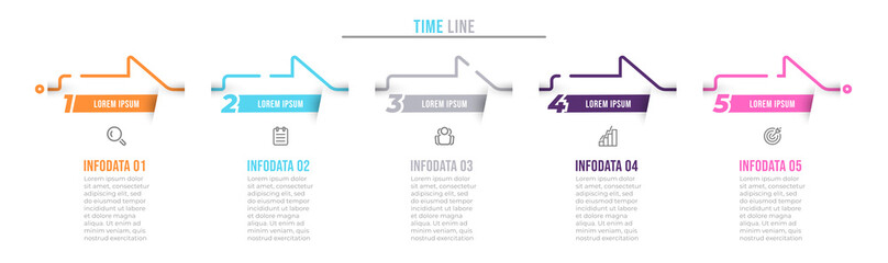 Vector infographic thin line design with arrows process elements and number 5 options or steps. Business concept for presentations, annual report, info graph.