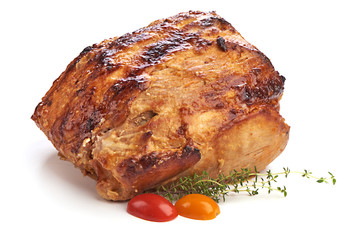Roasted pork meat, Christmas baked spicy glazed meat, isolated on white background