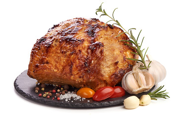 Roasted pork meat, Christmas baked spicy glazed meat, isolated on white background