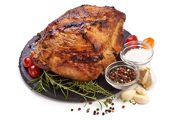 Roasted pork meat, Christmas baked spicy glazed meat, isolated on white background