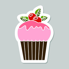 Vector cupcake sticker isolated on gray background. Food design elements for the menu, bakery logo, web, postcards, stickers.