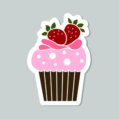 Vector cupcake sticker isolated on gray background. Food design elements for the menu, bakery logo, web, postcards, stickers.