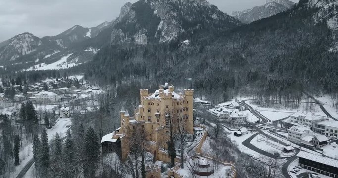 Hohenschwangau Castle in winter Aerial view landscape. Germany, Bavaria. Schwangau. Snowing. 4k video 24 fps. 19 marth, 2019. part2
