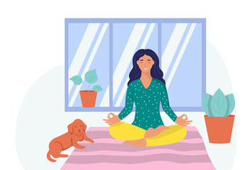 Obraz na płótnie Canvas A young woman meditates at home.The concept of daily life, everyday leisure and work activities. Flat cartoon vector illustration.