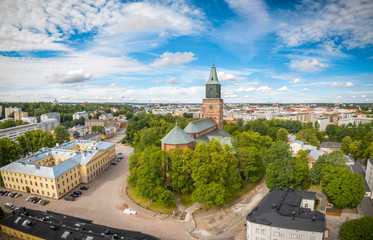 Aerial panorama of Turku Cathedral and the city center at sunny summer day.
