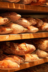In a French bakery, close-up on wooden shelves presenting breads