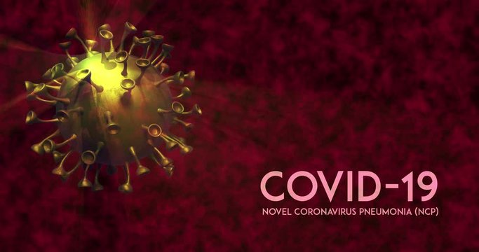 Coronavirus spinning against dark background, with accompanying covid 19 text description