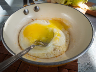 Fast breakfast of one fried egg in a pan
