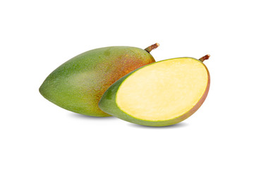 whole and sliced raw mango with stem on white background