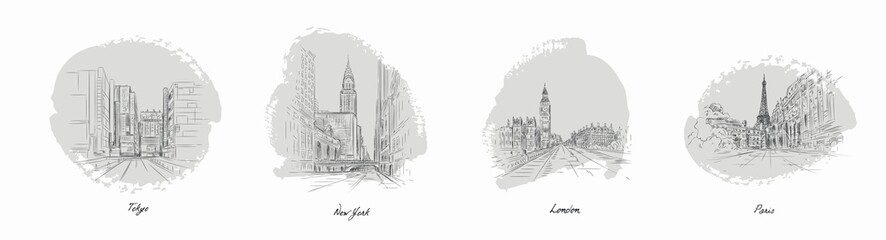 Set of most famous world city sketches with pencil vector illustration. Drawing of tokyo new york paris and london flat style. Art and masterpiece concept. Isolated on white background