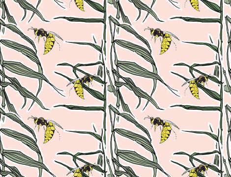 Bees in Bamboo Plants Seamless Pattern, Realistic Wildlife Drawing Exotic Plants Print, Summer Vibes Textile Design, Linear Realistic Animals Drawing on Pink Background