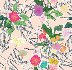 Floral Summer Feminine Textile design, Pink Flowers Bouquetes Doodle Leaves Wedding Background, Romantic Herbal Blooming Garden Fabric, Summer Print on Pink Background